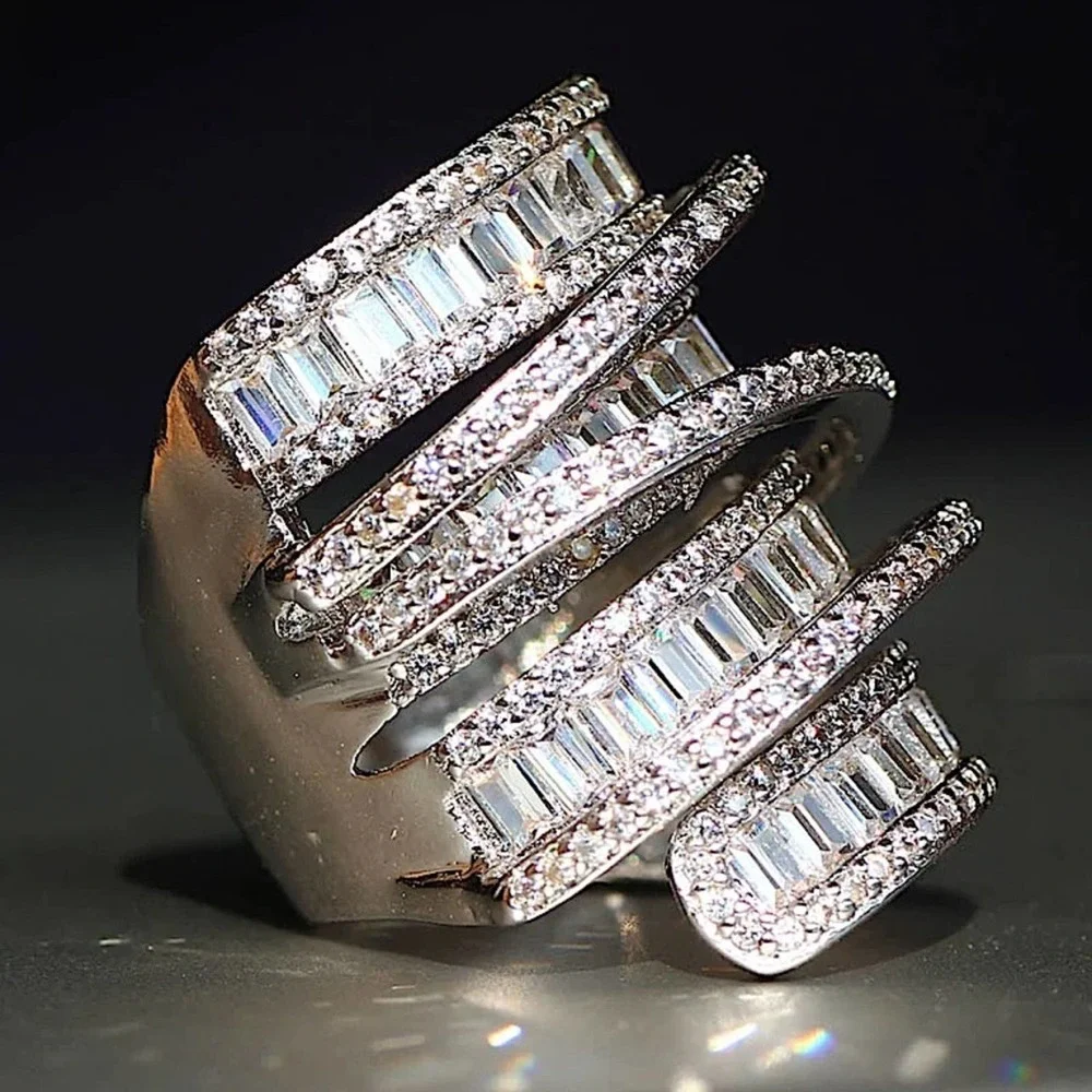 Sterling Silver Baguette Cubic Zircon Multilayer Cross Over Statement Ring